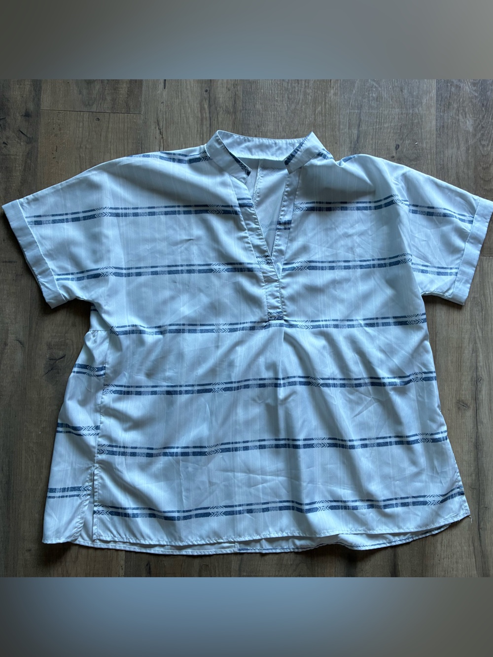 Lightweight White V-Neck Short Sleeve Blouse with Blue Stripes
